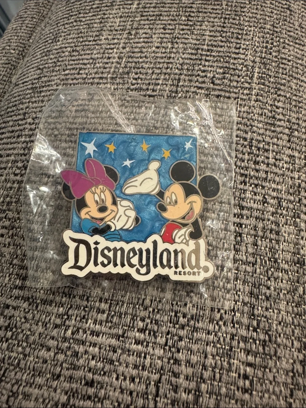 Disneyland Mickey & Minnie Pin with Blue Background and Pink Bow